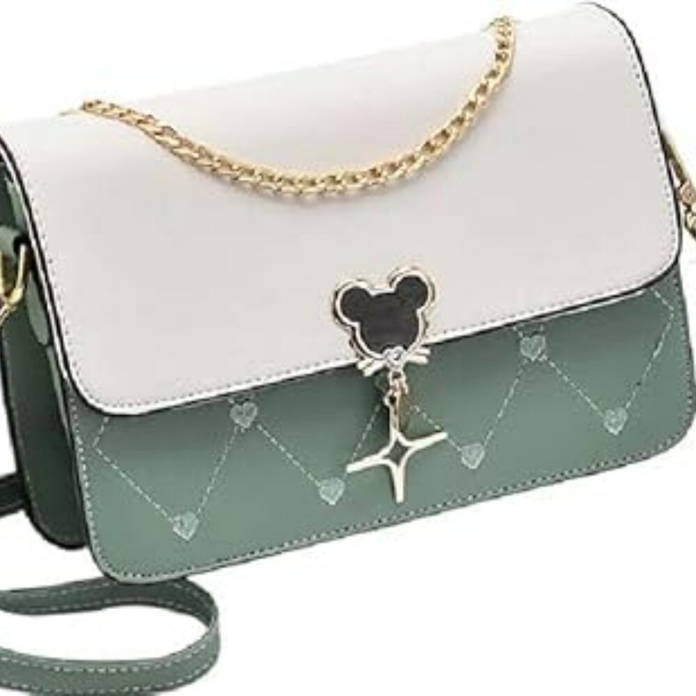 Leather Shoulder Bag Purse Color Block Handbag Mickey Head Elegant w Chain‎